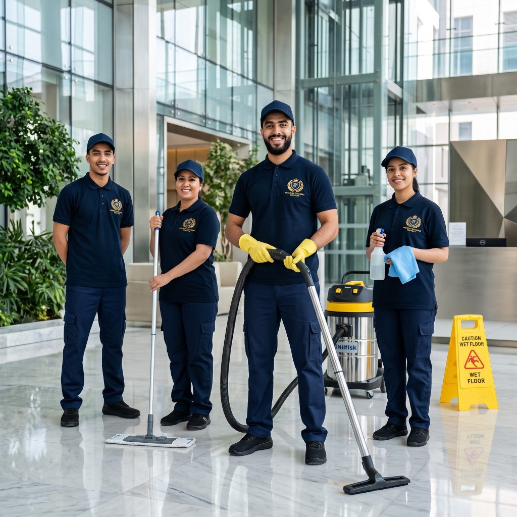 Équipe GF STORIA SERVICES en uniforme bleu nuit, dans un hall vitré